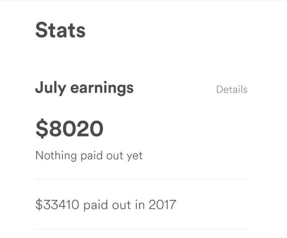 Airbnb stats screen showing $8,020 July earnings and $33,410 paid out in 2017