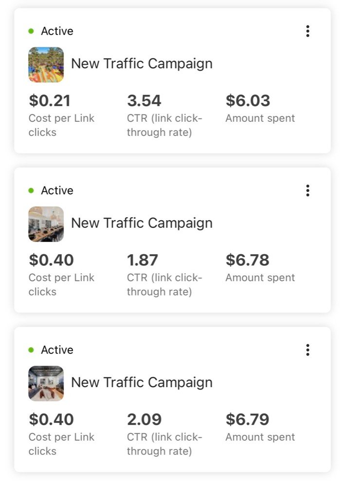 Meta Ads screenshot showing three active traffic campaigns with costs per link click between $0.21 and $0.40