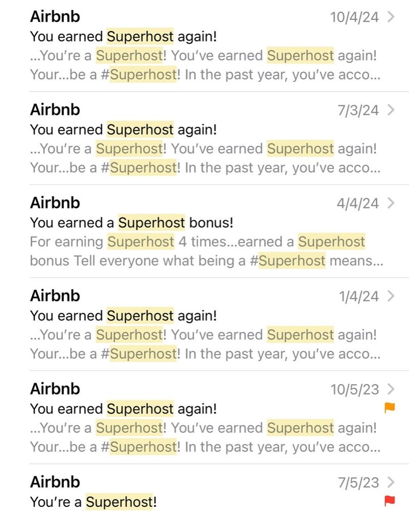 List of Airbnb emails saying You earned Superhost again and You earned a Superhost bonus