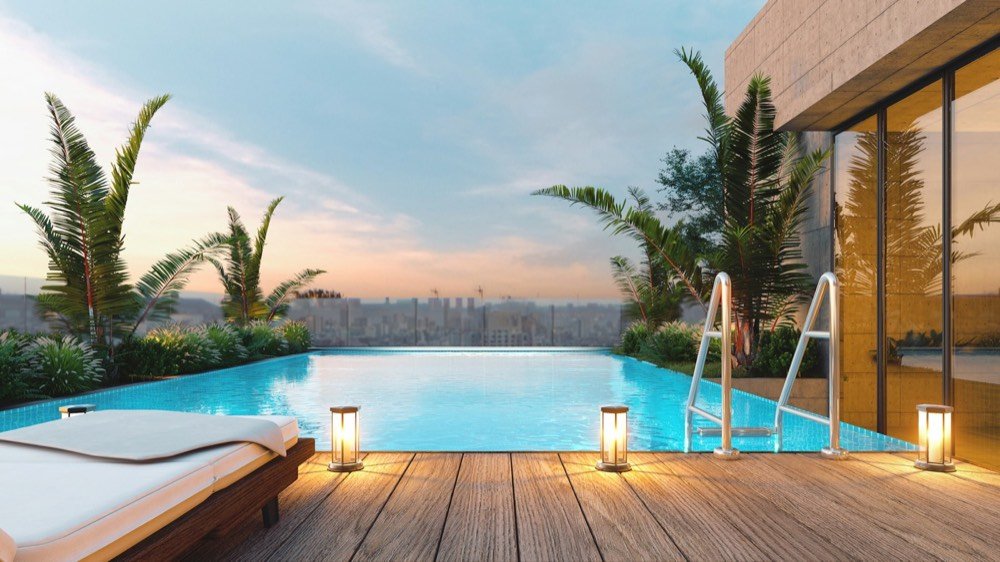 Villa with an infinity pool at sunset
